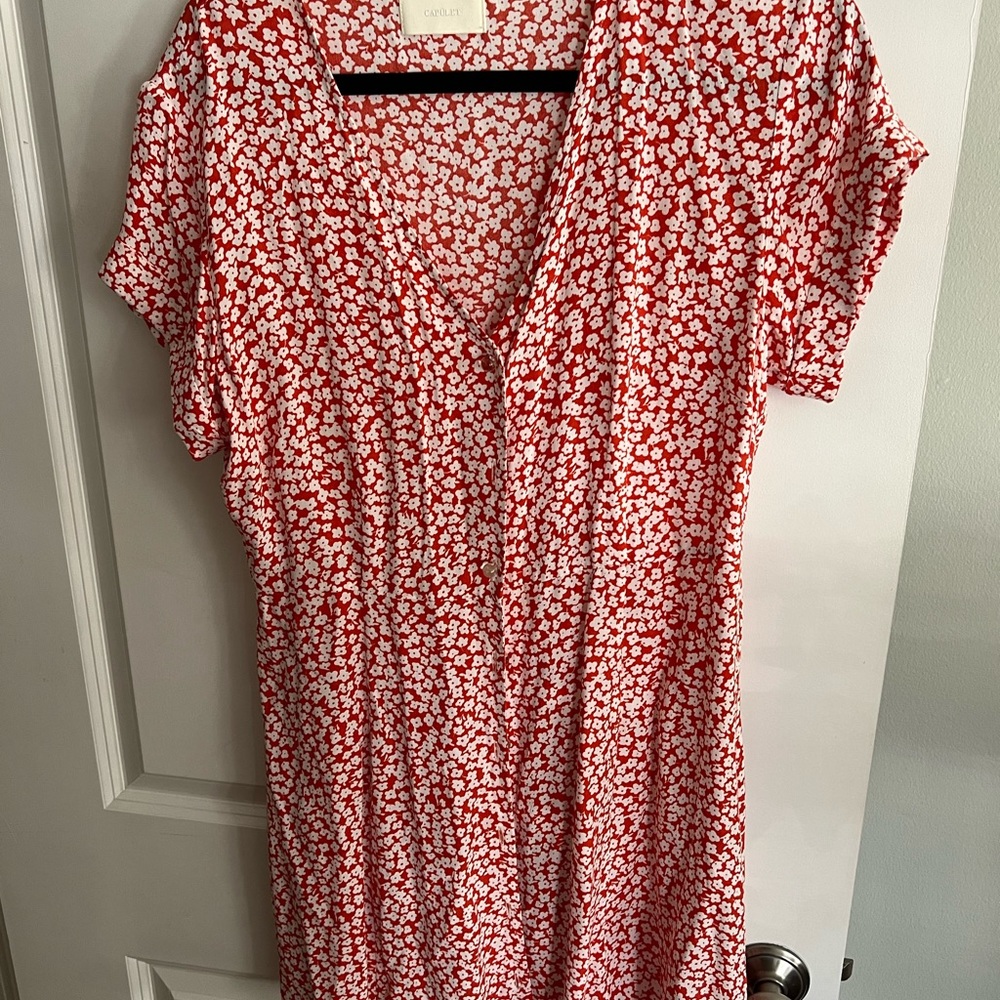 CAPULET red and white floral dress with acrylic buttons